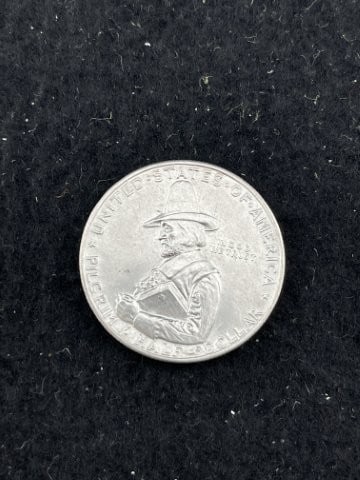 1920 Pilgrim Tercentenary Commemorative Half Dollar Coin: KEY WORDS: INDIAN ARTIFACT ARTIFACTS ARROWHEAD ARROWHEADS NATIVE AMERICAN MISSISSIPPIAN QUAPAW CADDO POTTERY COINS MORGAN DOLLAR PEACE DOLLAR SILVER COINS. All coins have been Sigma tested for authent