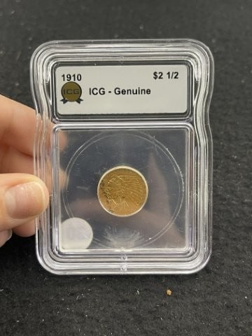 1910 IGC - Genuine 2 & 1/2 Dollar Gold Coin: KEY WORDS: INDIAN ARTIFACT ARTIFACTS ARROWHEAD ARROWHEADS NATIVE AMERICAN MISSISSIPPIAN QUAPAW CADDO POTTERY COINS MORGAN DOLLAR PEACE DOLLAR SILVER COINS. All coins have been Sigma tested for authent