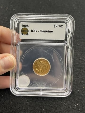 1908 IGC - Genuine 2 & 1/2 Dollar Gold Coin: KEY WORDS: INDIAN ARTIFACT ARTIFACTS ARROWHEAD ARROWHEADS NATIVE AMERICAN MISSISSIPPIAN QUAPAW CADDO POTTERY COINS MORGAN DOLLAR PEACE DOLLAR SILVER COINS. All coins have been Sigma tested for authent