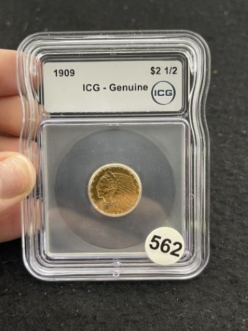 1909 IGC - Genuine 2 & 1/2 Dollar Gold Coin: KEY WORDS: INDIAN ARTIFACT ARTIFACTS ARROWHEAD ARROWHEADS NATIVE AMERICAN MISSISSIPPIAN QUAPAW CADDO POTTERY COINS MORGAN DOLLAR PEACE DOLLAR SILVER COINS. All coins have been Sigma tested for authent