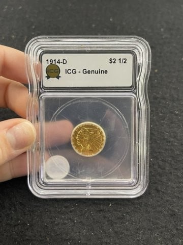 1914 D IGC - Genuine 2 & 1/2 Dollar Gold Coin: KEY WORDS: INDIAN ARTIFACT ARTIFACTS ARROWHEAD ARROWHEADS NATIVE AMERICAN MISSISSIPPIAN QUAPAW CADDO POTTERY COINS MORGAN DOLLAR PEACE DOLLAR SILVER COINS. All coins have been Sigma tested for authent