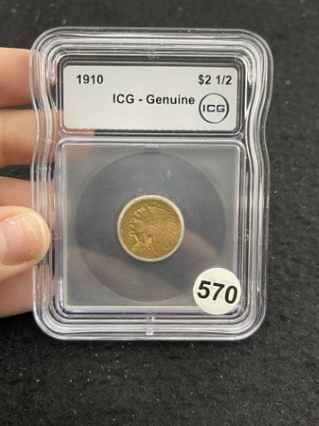 1910 IGC - Genuine 2 & 1/2 Dollar Gold Coin: KEY WORDS: INDIAN ARTIFACT ARTIFACTS ARROWHEAD ARROWHEADS NATIVE AMERICAN MISSISSIPPIAN QUAPAW CADDO POTTERY COINS MORGAN DOLLAR PEACE DOLLAR SILVER COINS. All coins have been Sigma tested for authent