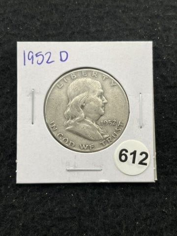 1952 D Franklin Half Dollar Silver Coin: KEY WORDS: INDIAN ARTIFACT ARTIFACTS ARROWHEAD ARROWHEADS NATIVE AMERICAN MISSISSIPPIAN QUAPAW CADDO POTTERY COINS MORGAN DOLLAR PEACE DOLLAR SILVER COINS. All coins have been Sigma tested for authent
