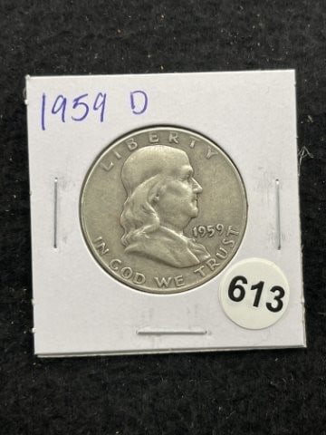 1959 D Franklin Half Dollar Silver Coin: KEY WORDS: INDIAN ARTIFACT ARTIFACTS ARROWHEAD ARROWHEADS NATIVE AMERICAN MISSISSIPPIAN QUAPAW CADDO POTTERY COINS MORGAN DOLLAR PEACE DOLLAR SILVER COINS. All coins have been Sigma tested for authent