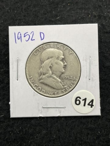 1952 D Franklin Half Dollar Silver Coin: KEY WORDS: INDIAN ARTIFACT ARTIFACTS ARROWHEAD ARROWHEADS NATIVE AMERICAN MISSISSIPPIAN QUAPAW CADDO POTTERY COINS MORGAN DOLLAR PEACE DOLLAR SILVER COINS. All coins have been Sigma tested for authent
