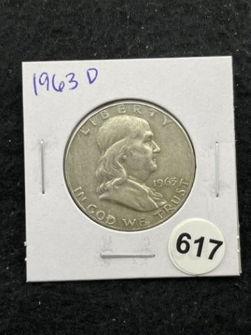 1963 D Franklin Half Dollar Silver Coin: KEY WORDS: INDIAN ARTIFACT ARTIFACTS ARROWHEAD ARROWHEADS NATIVE AMERICAN MISSISSIPPIAN QUAPAW CADDO POTTERY COINS MORGAN DOLLAR PEACE DOLLAR SILVER COINS. All coins have been Sigma tested for authent