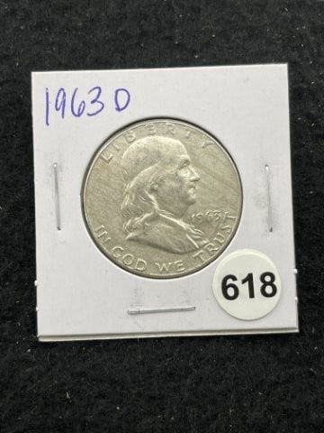 1963 D Franklin Half Dollar Silver Coin: KEY WORDS: INDIAN ARTIFACT ARTIFACTS ARROWHEAD ARROWHEADS NATIVE AMERICAN MISSISSIPPIAN QUAPAW CADDO POTTERY COINS MORGAN DOLLAR PEACE DOLLAR SILVER COINS. All coins have been Sigma tested for