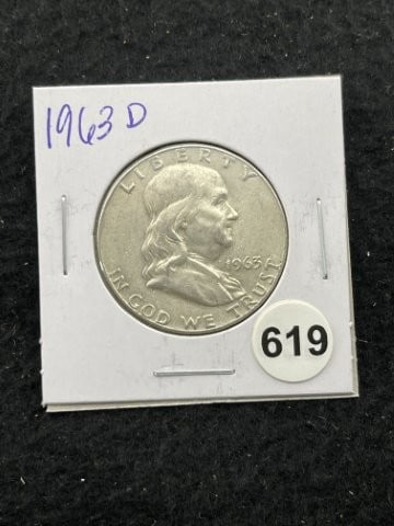 1963 D Franklin Half Dollar Silver Coin: KEY WORDS: INDIAN ARTIFACT ARTIFACTS ARROWHEAD ARROWHEADS NATIVE AMERICAN MISSISSIPPIAN QUAPAW CADDO POTTERY COINS MORGAN DOLLAR PEACE DOLLAR SILVER COINS. All coins have been Sigma tested for