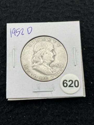 1952 D Franklin Half Dollar Silver Coin: KEY WORDS: INDIAN ARTIFACT ARTIFACTS ARROWHEAD ARROWHEADS NATIVE AMERICAN MISSISSIPPIAN QUAPAW CADDO POTTERY COINS MORGAN DOLLAR PEACE DOLLAR SILVER COINS. All coins have been Sigma tested for authent