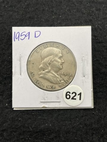 1959 D Franklin Half Dollar Silver Coin: KEY WORDS: INDIAN ARTIFACT ARTIFACTS ARROWHEAD ARROWHEADS NATIVE AMERICAN MISSISSIPPIAN QUAPAW CADDO POTTERY COINS MORGAN DOLLAR PEACE DOLLAR SILVER COINS. All coins have been Sigma tested for