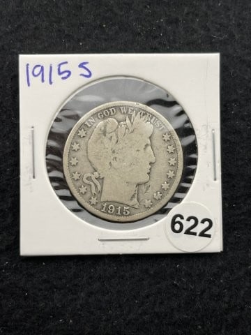 1915 S Barber Half Dollar Silver Coin: KEY WORDS: INDIAN ARTIFACT ARTIFACTS ARROWHEAD ARROWHEADS NATIVE AMERICAN MISSISSIPPIAN QUAPAW CADDO POTTERY COINS MORGAN DOLLAR PEACE DOLLAR SILVER COINS. All coins have been Sigma tested for