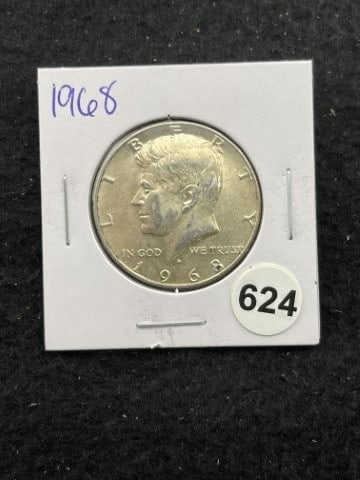1968 Kennedy Half Dollar Silver Coin: KEY WORDS: INDIAN ARTIFACT ARTIFACTS ARROWHEAD ARROWHEADS NATIVE AMERICAN MISSISSIPPIAN QUAPAW CADDO POTTERY COINS MORGAN DOLLAR PEACE DOLLAR SILVER COINS. All coins have been Sigma tested for authent