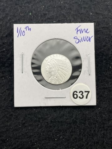 1/10th Fine Silver Coin: KEY WORDS: INDIAN ARTIFACT ARTIFACTS ARROWHEAD ARROWHEADS NATIVE AMERICAN MISSISSIPPIAN QUAPAW CADDO POTTERY COINS MORGAN DOLLAR PEACE DOLLAR SILVER COINS. All coins have been Sigma tested for
