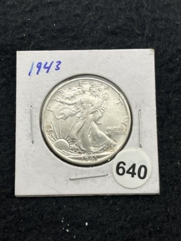 1943 Walking Liberty Half Dollar Silver Coin: KEY WORDS: INDIAN ARTIFACT ARTIFACTS ARROWHEAD ARROWHEADS NATIVE AMERICAN MISSISSIPPIAN QUAPAW CADDO POTTERY COINS MORGAN DOLLAR PEACE DOLLAR SILVER COINS. All coins have been Sigma tested for authent