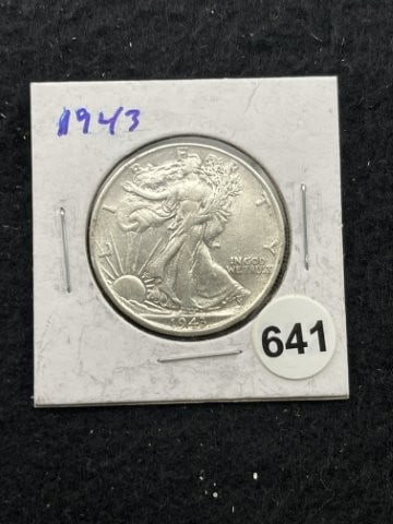 1943 Walking Liberty Half Dollar Silver Coin: KEY WORDS: INDIAN ARTIFACT ARTIFACTS ARROWHEAD ARROWHEADS NATIVE AMERICAN MISSISSIPPIAN QUAPAW CADDO POTTERY COINS MORGAN DOLLAR PEACE DOLLAR SILVER COINS. All coins have been Sigma tested for authent