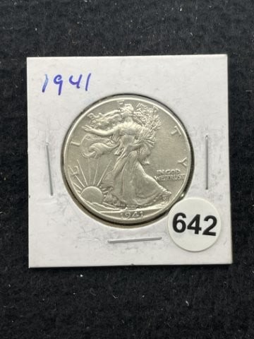 1941 Walking Liberty Half Dollar Silver Coin: KEY WORDS: INDIAN ARTIFACT ARTIFACTS ARROWHEAD ARROWHEADS NATIVE AMERICAN MISSISSIPPIAN QUAPAW CADDO POTTERY COINS MORGAN DOLLAR PEACE DOLLAR SILVER COINS. All coins have been Sigma tested for authent