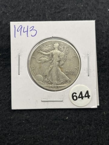 1943 Walking Liberty Half Dollar Silver Coin: KEY WORDS: INDIAN ARTIFACT ARTIFACTS ARROWHEAD ARROWHEADS NATIVE AMERICAN MISSISSIPPIAN QUAPAW CADDO POTTERY COINS MORGAN DOLLAR PEACE DOLLAR SILVER COINS. All coins have been Sigma tested for authent