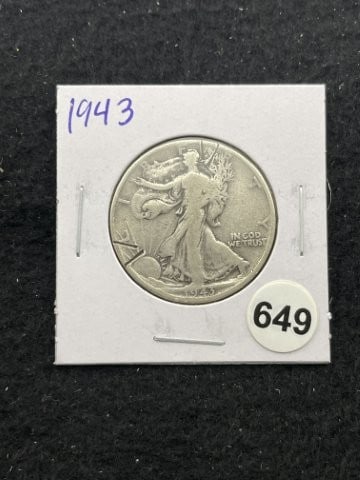 1943 Walking Liberty Half Dollar Silver Coin: KEY WORDS: INDIAN ARTIFACT ARTIFACTS ARROWHEAD ARROWHEADS NATIVE AMERICAN MISSISSIPPIAN QUAPAW CADDO POTTERY COINS MORGAN DOLLAR PEACE DOLLAR SILVER COINS. All coins have been Sigma tested for authent