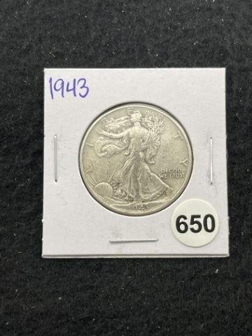 1943 Walking Liberty Half Dollar Silver Coin: KEY WORDS: INDIAN ARTIFACT ARTIFACTS ARROWHEAD ARROWHEADS NATIVE AMERICAN MISSISSIPPIAN QUAPAW CADDO POTTERY COINS MORGAN DOLLAR PEACE DOLLAR SILVER COINS. All coins have been Sigma tested for authent