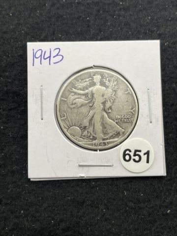 1943 Walking Liberty Half Dollar Silver Coin: KEY WORDS: INDIAN ARTIFACT ARTIFACTS ARROWHEAD ARROWHEADS NATIVE AMERICAN MISSISSIPPIAN QUAPAW CADDO POTTERY COINS MORGAN DOLLAR PEACE DOLLAR SILVER COINS. All coins have been Sigma tested for authent