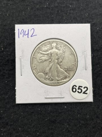 1942 Walking Liberty Half Dollar Silver Coin: KEY WORDS: INDIAN ARTIFACT ARTIFACTS ARROWHEAD ARROWHEADS NATIVE AMERICAN MISSISSIPPIAN QUAPAW CADDO POTTERY COINS MORGAN DOLLAR PEACE DOLLAR SILVER COINS. All coins have been Sigma tested for authent