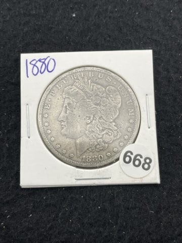 1880 Morgan Silver Dollar Coin: KEY WORDS: INDIAN ARTIFACT ARTIFACTS ARROWHEAD ARROWHEADS NATIVE AMERICAN MISSISSIPPIAN QUAPAW CADDO POTTERY COINS MORGAN DOLLAR PEACE DOLLAR SILVER COINS. All coins have been Sigma tested for