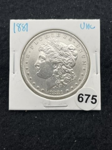 1881 UNC Morgan Silver Dollar Coin: KEY WORDS: INDIAN ARTIFACT ARTIFACTS ARROWHEAD ARROWHEADS NATIVE AMERICAN MISSISSIPPIAN QUAPAW CADDO POTTERY COINS MORGAN DOLLAR PEACE DOLLAR SILVER COINS. All coins have been Sigma tested for