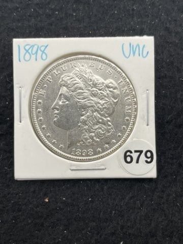 1898 UNC Morgan Silver Dollar Coin: KEY WORDS: INDIAN ARTIFACT ARTIFACTS ARROWHEAD ARROWHEADS NATIVE AMERICAN MISSISSIPPIAN QUAPAW CADDO POTTERY COINS MORGAN DOLLAR PEACE DOLLAR SILVER COINS. All coins have been Sigma tested for