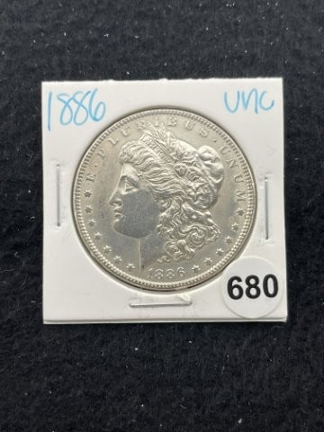 1886 UNC Morgan Silver Dollar Coin: KEY WORDS: INDIAN ARTIFACT ARTIFACTS ARROWHEAD ARROWHEADS NATIVE AMERICAN MISSISSIPPIAN QUAPAW CADDO POTTERY COINS MORGAN DOLLAR PEACE DOLLAR SILVER COINS. All coins have been Sigma tested for