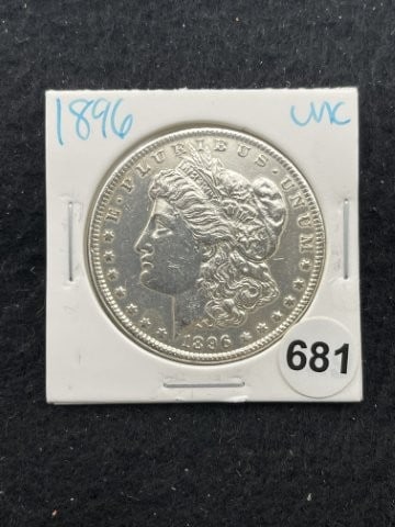 1896 UNC Morgan Silver Dollar Coin: KEY WORDS: INDIAN ARTIFACT ARTIFACTS ARROWHEAD ARROWHEADS NATIVE AMERICAN MISSISSIPPIAN QUAPAW CADDO POTTERY COINS MORGAN DOLLAR PEACE DOLLAR SILVER COINS. All coins have been Sigma tested for