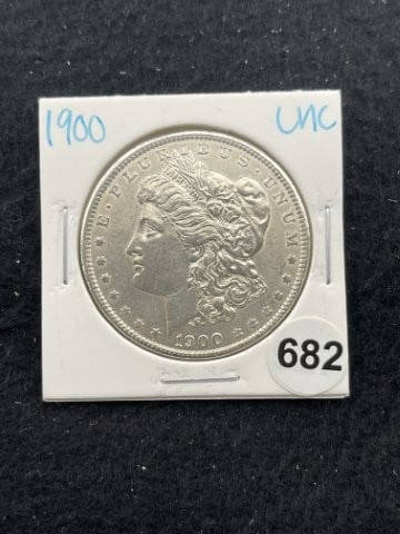 1900 UNC Morgan Silver Dollar Coin: KEY WORDS: INDIAN ARTIFACT ARTIFACTS ARROWHEAD ARROWHEADS NATIVE AMERICAN MISSISSIPPIAN QUAPAW CADDO POTTERY COINS MORGAN DOLLAR PEACE DOLLAR SILVER COINS. All coins have been Sigma tested for