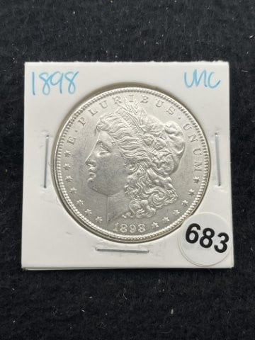 1898 UNC Morgan Silver Dollar Coin: KEY WORDS: INDIAN ARTIFACT ARTIFACTS ARROWHEAD ARROWHEADS NATIVE AMERICAN MISSISSIPPIAN QUAPAW CADDO POTTERY COINS MORGAN DOLLAR PEACE DOLLAR SILVER COINS. All coins have been Sigma tested for authent