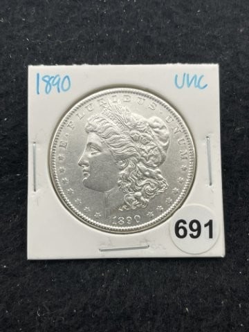 1890 UNC Morgan Silver Dollar Coin: KEY WORDS: INDIAN ARTIFACT ARTIFACTS ARROWHEAD ARROWHEADS NATIVE AMERICAN MISSISSIPPIAN QUAPAW CADDO POTTERY COINS MORGAN DOLLAR PEACE DOLLAR SILVER COINS. All coins have been Sigma tested for authent