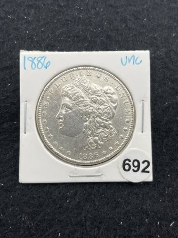 1886 UNC Morgan Silver Dollar Coin: KEY WORDS: INDIAN ARTIFACT ARTIFACTS ARROWHEAD ARROWHEADS NATIVE AMERICAN MISSISSIPPIAN QUAPAW CADDO POTTERY COINS MORGAN DOLLAR PEACE DOLLAR SILVER COINS. All coins have been Sigma tested for authent