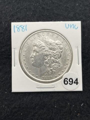 1881 UNC Morgan Silver Dollar Coin: KEY WORDS: INDIAN ARTIFACT ARTIFACTS ARROWHEAD ARROWHEADS NATIVE AMERICAN MISSISSIPPIAN QUAPAW CADDO POTTERY COINS MORGAN DOLLAR PEACE DOLLAR SILVER COINS. All coins have been Sigma tested for authent