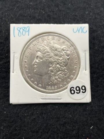 1889 UNC Morgan Silver Dollar Coin: KEY WORDS: INDIAN ARTIFACT ARTIFACTS ARROWHEAD ARROWHEADS NATIVE AMERICAN MISSISSIPPIAN QUAPAW CADDO POTTERY COINS MORGAN DOLLAR PEACE DOLLAR SILVER COINS. All coins have been Sigma tested for authent