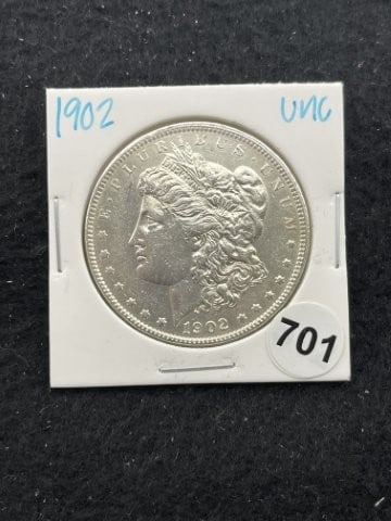 1902 UNC Morgan Silver Dollar Coin: KEY WORDS: INDIAN ARTIFACT ARTIFACTS ARROWHEAD ARROWHEADS NATIVE AMERICAN MISSISSIPPIAN QUAPAW CADDO POTTERY COINS MORGAN DOLLAR PEACE DOLLAR SILVER COINS. All coins have been Sigma tested for authent