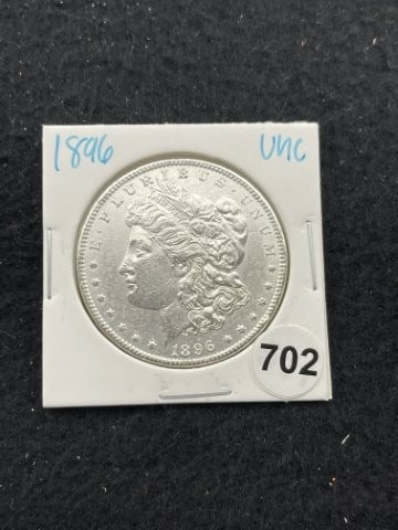 1896 UNC Morgan Silver Dollar Coin: KEY WORDS: INDIAN ARTIFACT ARTIFACTS ARROWHEAD ARROWHEADS NATIVE AMERICAN MISSISSIPPIAN QUAPAW CADDO POTTERY COINS MORGAN DOLLAR PEACE DOLLAR SILVER COINS. All coins have been Sigma tested for authent