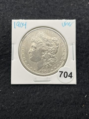 1904 UNC Morgan Silver Dollar Coin: KEY WORDS: INDIAN ARTIFACT ARTIFACTS ARROWHEAD ARROWHEADS NATIVE AMERICAN MISSISSIPPIAN QUAPAW CADDO POTTERY COINS MORGAN DOLLAR PEACE DOLLAR SILVER COINS. All coins have been Sigma tested for authent