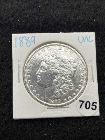 1889 UNC Morgan Silver Dollar Coin: KEY WORDS: INDIAN ARTIFACT ARTIFACTS ARROWHEAD ARROWHEADS NATIVE AMERICAN MISSISSIPPIAN QUAPAW CADDO POTTERY COINS MORGAN DOLLAR PEACE DOLLAR SILVER COINS. All coins have been Sigma tested for authent