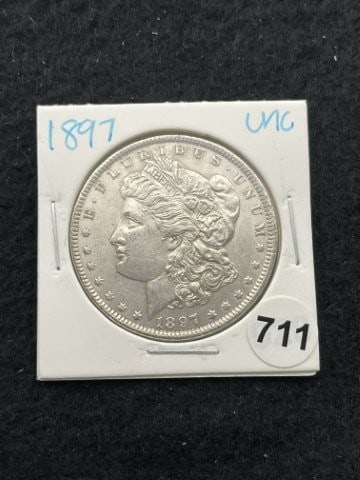 1897 UNC Morgan Silver Dollar Coin: KEY WORDS: INDIAN ARTIFACT ARTIFACTS ARROWHEAD ARROWHEADS NATIVE AMERICAN MISSISSIPPIAN QUAPAW CADDO POTTERY COINS MORGAN DOLLAR PEACE DOLLAR SILVER COINS. All coins have been Sigma tested for authent