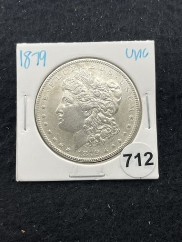 1879 UNC Morgan Silver Dollar Coin: KEY WORDS: INDIAN ARTIFACT ARTIFACTS ARROWHEAD ARROWHEADS NATIVE AMERICAN MISSISSIPPIAN QUAPAW CADDO POTTERY COINS MORGAN DOLLAR PEACE DOLLAR SILVER COINS. All coins have been Sigma tested for authent