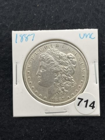 1887 UNC Morgan Silver Dollar Coin: KEY WORDS: INDIAN ARTIFACT ARTIFACTS ARROWHEAD ARROWHEADS NATIVE AMERICAN MISSISSIPPIAN QUAPAW CADDO POTTERY COINS MORGAN DOLLAR PEACE DOLLAR SILVER COINS. All coins have been Sigma tested for authent