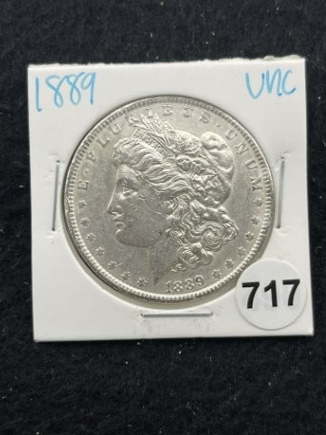 1889 UNC Morgan Silver Dollar Coin: KEY WORDS: INDIAN ARTIFACT ARTIFACTS ARROWHEAD ARROWHEADS NATIVE AMERICAN MISSISSIPPIAN QUAPAW CADDO POTTERY COINS MORGAN DOLLAR PEACE DOLLAR SILVER COINS. All coins have been Sigma tested for authent