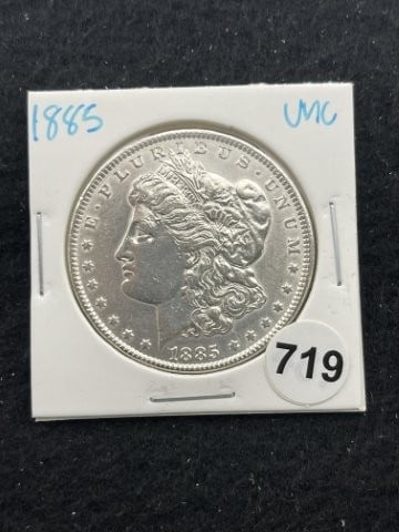1885 UNC Morgan Silver Dollar Coin: KEY WORDS: INDIAN ARTIFACT ARTIFACTS ARROWHEAD ARROWHEADS NATIVE AMERICAN MISSISSIPPIAN QUAPAW CADDO POTTERY COINS MORGAN DOLLAR PEACE DOLLAR SILVER COINS. All coins have been Sigma tested for authent