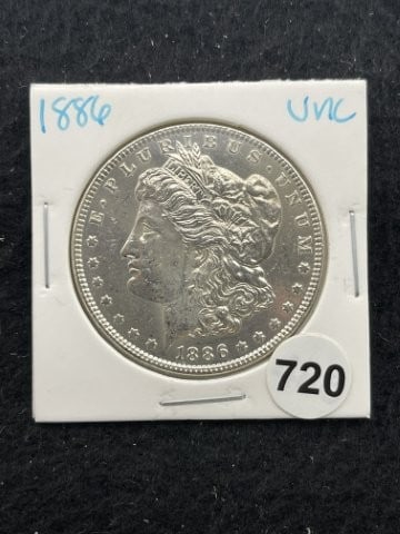 1886 UNC Morgan Silver Dollar Coin: KEY WORDS: INDIAN ARTIFACT ARTIFACTS ARROWHEAD ARROWHEADS NATIVE AMERICAN MISSISSIPPIAN QUAPAW CADDO POTTERY COINS MORGAN DOLLAR PEACE DOLLAR SILVER COINS. All coins have been Sigma tested for authent