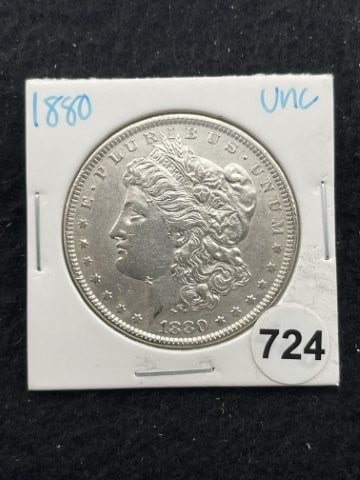 1880 UNC Morgan Silver Dollar Coin: KEY WORDS: INDIAN ARTIFACT ARTIFACTS ARROWHEAD ARROWHEADS NATIVE AMERICAN MISSISSIPPIAN QUAPAW CADDO POTTERY COINS MORGAN DOLLAR PEACE DOLLAR SILVER COINS. All coins have been Sigma tested for authent