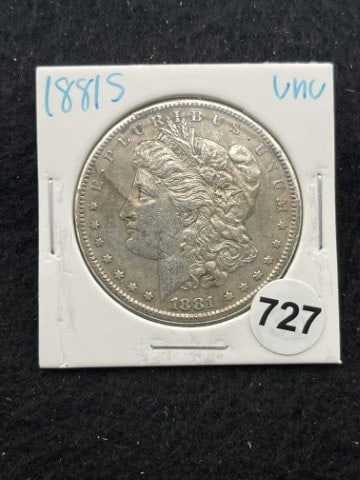 1881 S UNC Morgan Silver Dollar Coin: KEY WORDS: INDIAN ARTIFACT ARTIFACTS ARROWHEAD ARROWHEADS NATIVE AMERICAN MISSISSIPPIAN QUAPAW CADDO POTTERY COINS MORGAN DOLLAR PEACE DOLLAR SILVER COINS. All coins have been Sigma tested for authent