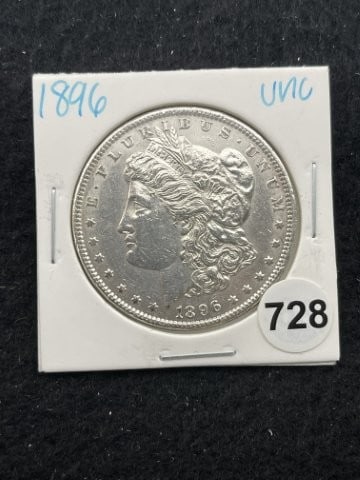 1896 UNC Morgan Silver Dollar Coin: KEY WORDS: INDIAN ARTIFACT ARTIFACTS ARROWHEAD ARROWHEADS NATIVE AMERICAN MISSISSIPPIAN QUAPAW CADDO POTTERY COINS MORGAN DOLLAR PEACE DOLLAR SILVER COINS. All coins have been Sigma tested for authent