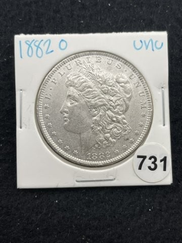 1882 O UNC Morgan Silver Dollar Coin: KEY WORDS: INDIAN ARTIFACT ARTIFACTS ARROWHEAD ARROWHEADS NATIVE AMERICAN MISSISSIPPIAN QUAPAW CADDO POTTERY COINS MORGAN DOLLAR PEACE DOLLAR SILVER COINS. All coins have been Sigma tested for authent